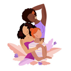 Three young multicultural women together. Sisterhood and female friendship. Beautiful diverse happy girls on a white background. Vector illustration for International Women's Day