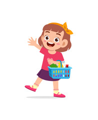cute little girl carry basket full of groceries
