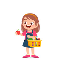 cute little girl carry basket full of groceries