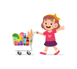 cute little girl push shopping cart full of groceries