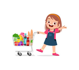 cute little girl push shopping cart full of groceries