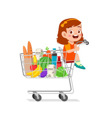 cute little girl sit on shopping cart
