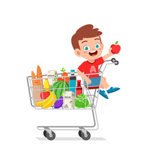 cute little boy sit on shopping cart