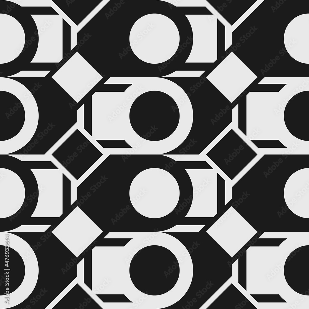 Poster Black and white chess abstraction from rhombuses and circles. Seamless checkerboard decor with alternating geometric shapes.