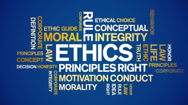 Ethics animated tag word cloud;text design animation kinetic typography seamless loop.
