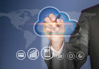 Close up of businessman hand pointing at cloud computing and  with various icons.