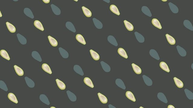 Colorful fruit pattern of fresh avocados on blue background. Seamless pattern with avocado. Realistic animation. 4K video motion