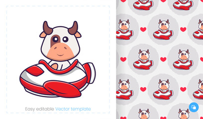 Fototapeta premium Seamless pattern with cartoon cow on white background. Can be used on packaging paper, cloth and others.