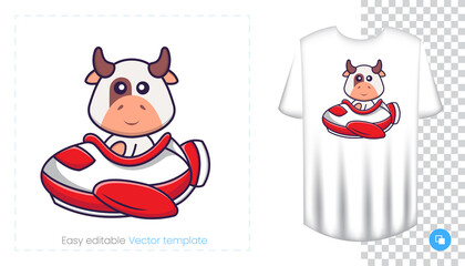 Cute cow character. Prints on T-shirts, sweatshirts, cases for mobile phones, souvenirs. Isolated vector illustration on white background.