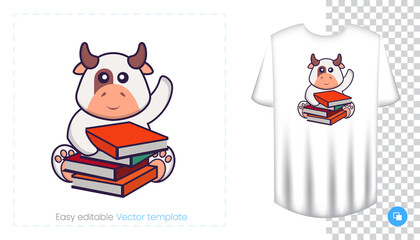 Cute cow character. Prints on T-shirts, sweatshirts, cases for mobile phones, souvenirs. Isolated vector illustration on white background.