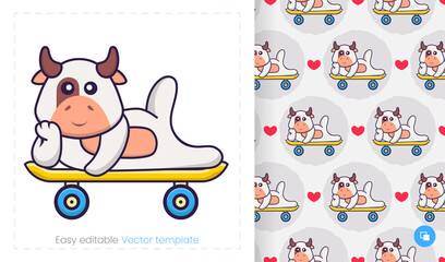 Seamless pattern with cartoon cow on white background. Can be used on packaging paper, cloth and others.