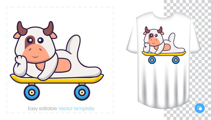 Cute cow character. Prints on T-shirts, sweatshirts, cases for mobile phones, souvenirs. Isolated vector illustration on white background.