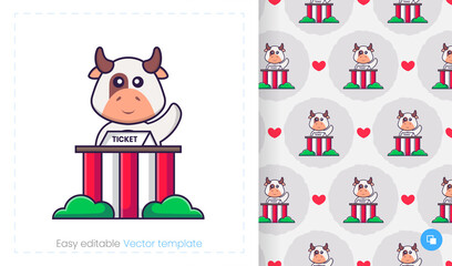 Seamless pattern with cartoon cow on white background. Can be used on packaging paper, cloth and others.