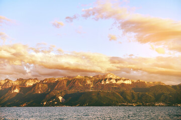 Sunset over lake Geneva (Lac Leman), view of Haute-Savoie, Auvergne-Rhone-Alpes region. Image taken...