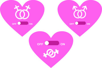 Set of heart, love switch non-traditional orientation, LGBT. Romantic ON-off switch. The vector is editable. 