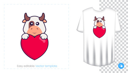 Cute cow character. Prints on T-shirts, sweatshirts, cases for mobile phones, souvenirs. Isolated vector illustration on white background.