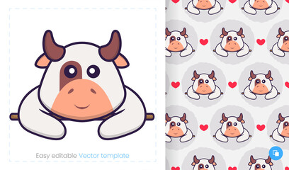 Seamless pattern with cartoon cow on white background. Can be used on packaging paper, cloth and others.