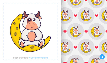 Seamless pattern with cartoon cow on white background. Can be used on packaging paper, cloth and others.