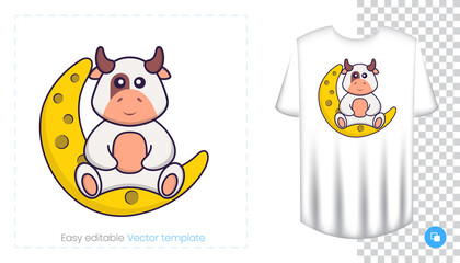 Cute cow character. Prints on T-shirts, sweatshirts, cases for mobile phones, souvenirs. Isolated vector illustration on white background.