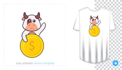 Cute cow character. Prints on T-shirts, sweatshirts, cases for mobile phones, souvenirs. Isolated vector illustration on white background.