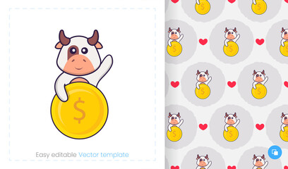 Seamless pattern with cartoon cow on white background. Can be used on packaging paper, cloth and others.