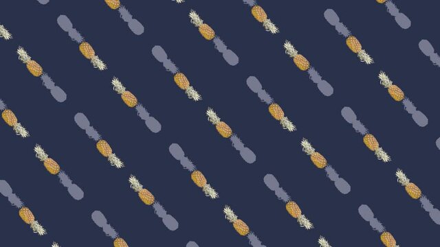 Colorful pattern of pineapples. Top view. Minimal tropical fruit concept. Seamless pattern with pineapple. Pop art design. Realistic animation. 4K video motion