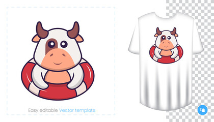 Cute cow character. Prints on T-shirts, sweatshirts, cases for mobile phones, souvenirs. Isolated vector illustration on white background.