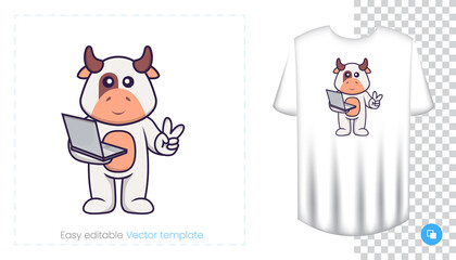 Cute cow character. Prints on T-shirts, sweatshirts, cases for mobile phones, souvenirs. Isolated vector illustration on white background.