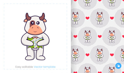 Seamless pattern with cartoon cow on white background. Can be used on packaging paper, cloth and others.