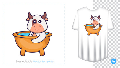 Cute cow character. Prints on T-shirts, sweatshirts, cases for mobile phones, souvenirs. Isolated vector illustration on white background.