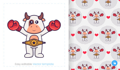 Seamless pattern with cartoon cow on white background. Can be used on packaging paper, cloth and others.