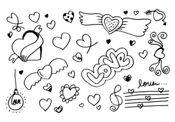 hand drawn doodles set for Valentine's Day. collection of beautiful hearts and writings Love on pink background. Vector illustration.
