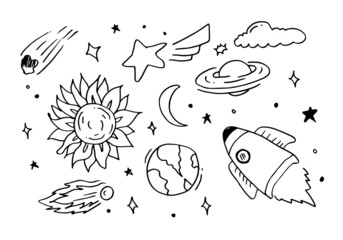 Space doodle vector elements.hand draw set of space icon on white background.