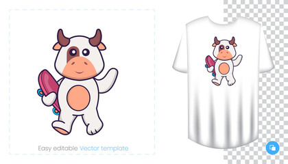 Cute cow character. Prints on T-shirts, sweatshirts, cases for mobile phones, souvenirs. Isolated vector illustration on white background.