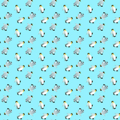 キングペンギンのシームレスパターン　手描き水彩イラストの背景素材　かわいいアニマル柄テキスタイル
