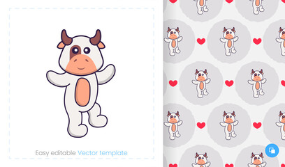 Seamless pattern with cartoon cow on white background. Can be used on packaging paper, cloth and others.