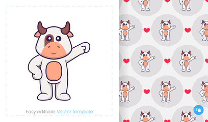 Seamless pattern with cartoon cow on white background. Can be used on packaging paper, cloth and others.