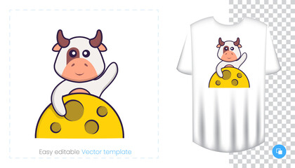 Cute cow character. Prints on T-shirts, sweatshirts, cases for mobile phones, souvenirs. Isolated vector illustration on white background.