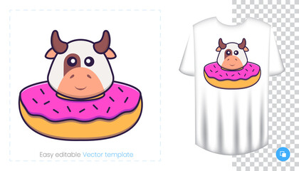 Cute cow character. Prints on T-shirts, sweatshirts, cases for mobile phones, souvenirs. Isolated vector illustration on white background.