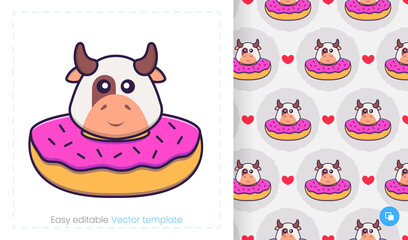 Seamless pattern with cartoon cow on white background. Can be used on packaging paper, cloth and others.