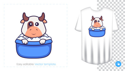Cute cow character. Prints on T-shirts, sweatshirts, cases for mobile phones, souvenirs. Isolated vector illustration on white background.