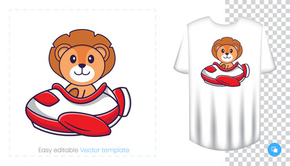 Cute lion character. Prints on T-shirts, sweatshirts, cases for mobile phones, souvenirs. Isolated vector illustration on white background.