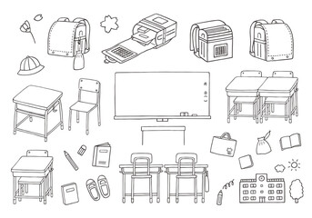 小学校にまつわる手描きイラストセット（モノクロ）