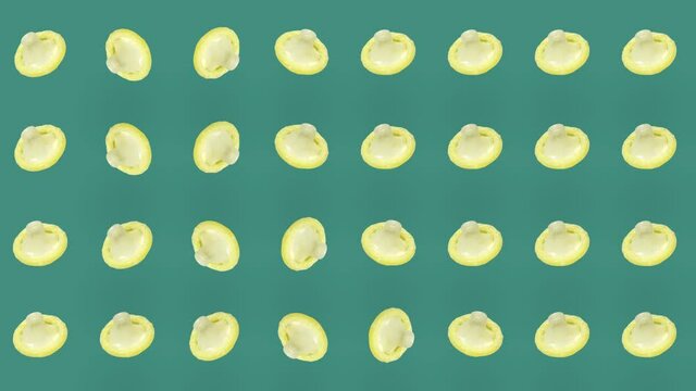 Colorful pattern of condoms on green background. Seamless pattern with condom. Top view. Realistic animation. 4K video motion