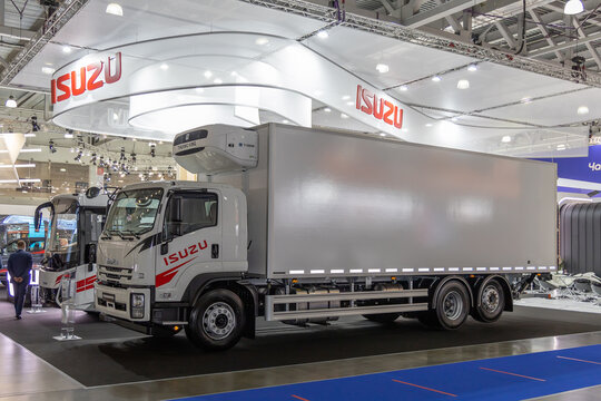 Isuzu Forward refrigerator truck at the international exhibition of commercial vehicles Comtrans 2021. Moscow, Russia - September 7-11, 2021