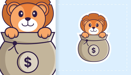 Fototapeta premium Cute lion mascot character. Can be used for stickers, patches, textiles, paper. Vector illustration