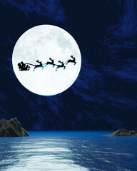 Silhouette Santa and Reindeer with flying in the dark sky with full moon and many stars. The...