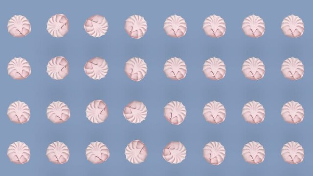 Colorful pattern of pink zephyr. Seamless pattern with zephyr. Marshmallow. Top view. Realistic animation. 4K video motion