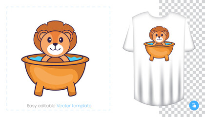 Cute lion character. Prints on T-shirts, sweatshirts, cases for mobile phones, souvenirs. Isolated vector illustration on white background.