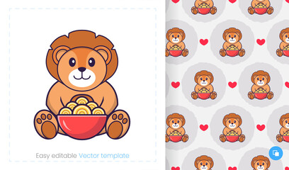 Seamless pattern with cartoon lion on white background. Can be used on packaging paper, cloth and others.